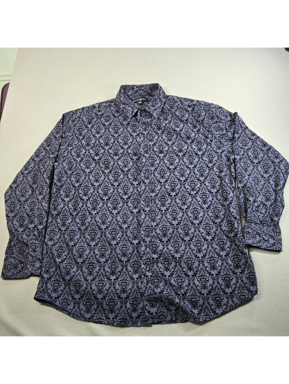 Beverly Hills Polo Club Shirt Mens XL Purple Black Velvet Flocked Damask Long Sl